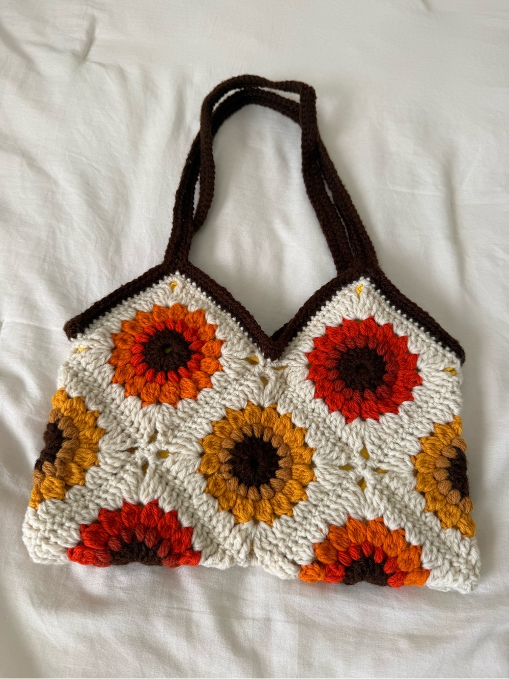 Handmade Crochet Sunburst Tote Bag in Cream, Orange, Red and Brown